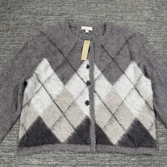 J.CREW Sweaters - J Crew Argyle Cardigan Sweater Women Medium Gray Fuzzy Alpaca Preppy Lightweight